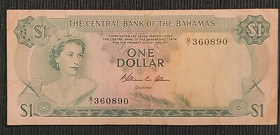 #ad 1974 Bahamas One Dollar Bill QEII Sea Garden $2.95