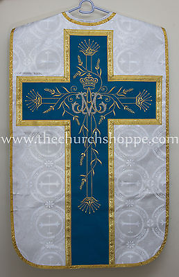 #ad Ave new Maria Silver Brocade Marian Chasuble Vestment Fiddleback 5pc mass set $135.99