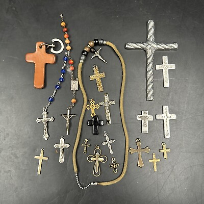 #ad Lot Of 21 Vintage Cross Crucifix Religious Christian Pendants Catholic Retro $26.99