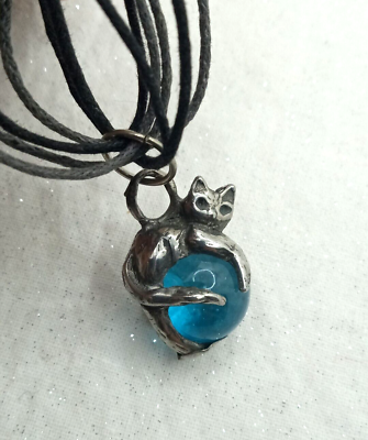 #ad Pewter Kitten Cat Glass Ball Blue Pendant Necklace 18quot; Black Gray Corded $14.96