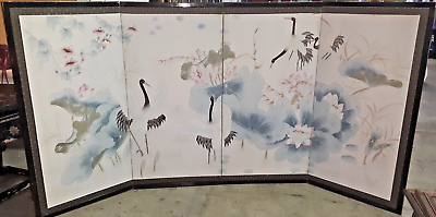 #ad VINTAGE 4 Panel Foldout Painted Silk Screen Art Panels Oriental Heron Cranes $349.99