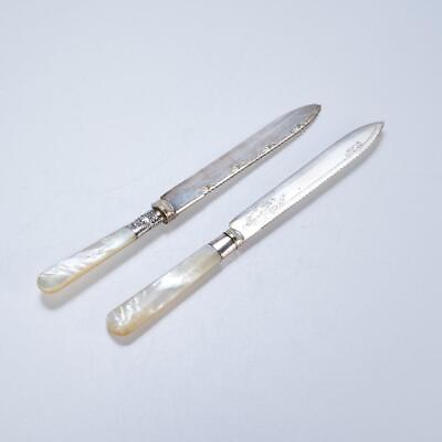 #ad Pair 2 Etched Silverplate EPNS Mother Pearl Handle Cake Knives 9.25quot; Antique $60.00