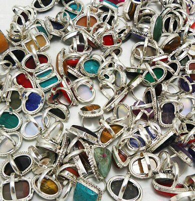#ad 100 Pcs Mix Gemstone Wholesale Sterling Silver Plated Jewelry Rings Size 6 10 Us $199.00