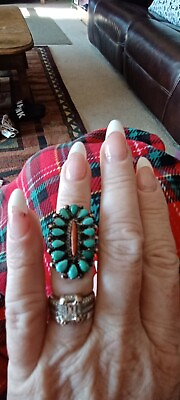 #ad M Panteah Zuni Sterling Silver Needle Point Turquoise Coral Ring S. 5.5 Vintage $175.00