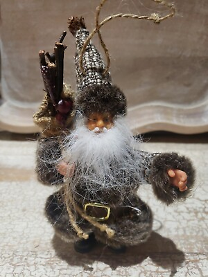 #ad Old World Santa Doll Figure Christmas Ornament Check Tweed Faux Fur Trim 7quot; $7.00