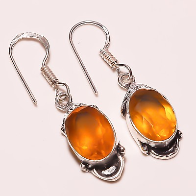 #ad Xmas Gift Faceted Citrine Quartz Silver Plated Handmade Earring 1.5quot; $14.99