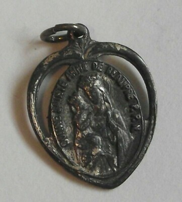 #ad Vintage Antique St Anne with child Mary heart shape open work medal $25.00
