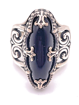 #ad Sterling Silver 925 Black Onyx Elongated Scroll Filigree Prong Ring Sz 6 $35.00