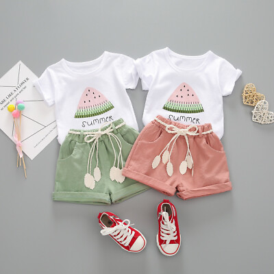 #ad Toddler Kids Baby Girl Watermelon Letter Print Tops Shorts Outfits Set Clothes $11.99