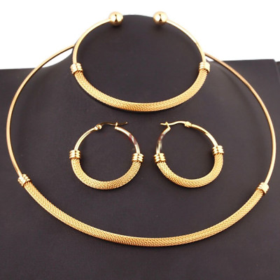 #ad Fashion Gold Women#x27;s Stainless Steel Choker Collar Necklace Bangle Earrings Set $11.39