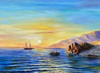 #ad Original painting 40x30 inches Sea Painting Ocean and Mountain Landscape Art $290.00