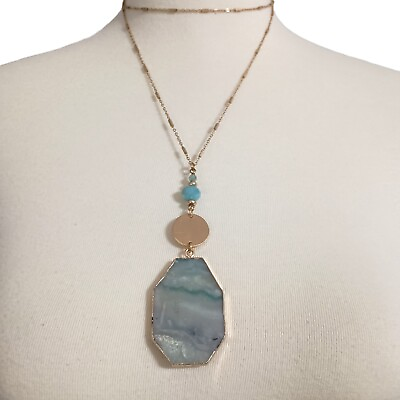 #ad Geode Agate Quartz Slice Necklace Pendant Gold Tone Dipped Gilt Crystal Vintage $14.99