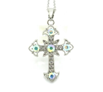 #ad Cross Pendant Women#x27;s W Austrian Clear AB Crystal Necklace Silver Plated New $16.97