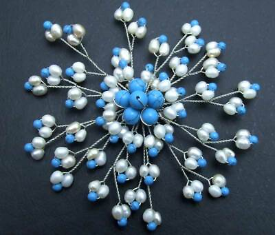 #ad 85mm Natural White Pearl and Blue Turquoise Handcraft Bloom Brooch for Women $20.04
