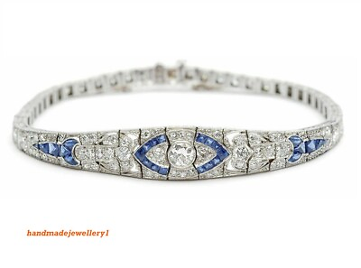 #ad 12CT Lab Created Diamond amp; Sapphire Art Deco Style Vintage Tennis Bracelet $451.80