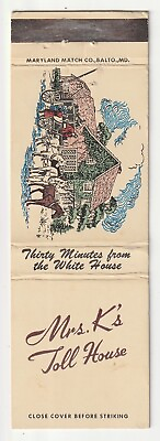 #ad c1960s Silver Spring Maryland MD Mrs K’s Toll House Restaurant Matchbook Cover $3.99