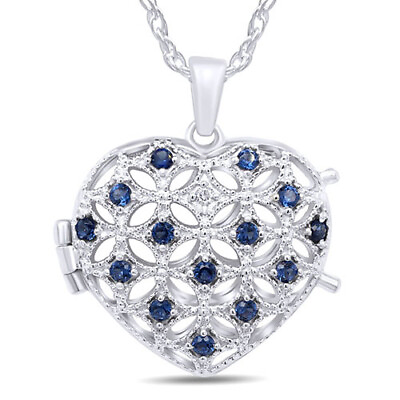 #ad Simulated Sapphire amp; .02 Ct Diamond Heart Pendant 14K White Gold Plated Silver $71.99