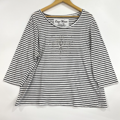 #ad Onque Woman Top 1X White Black Stripes Casual Relaxed Rhinestones Nautical Shirt $23.96