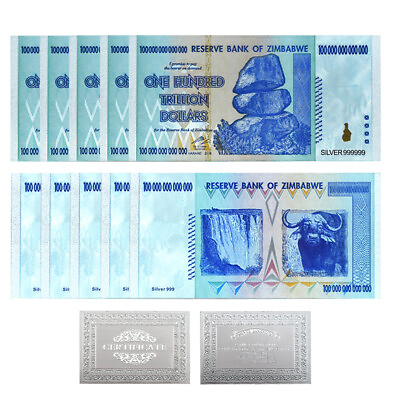 #ad 10pcs ONE HUNDRED TRILLION DOLLARS Silver Plated Banknotes Zimbabwe Notes Crafts $9.47