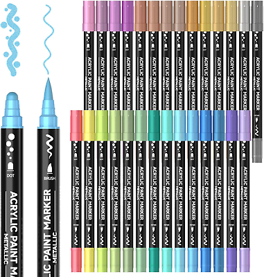 #ad 28 Metallic Colors Dual Tip Acrylic Paint Markers Brush Tip and Dot Tip Acrylic $22.63