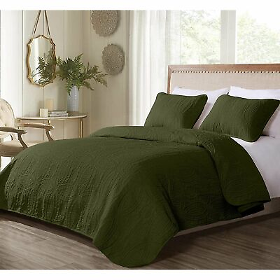 #ad Dark Green Embossed Oversized 3 pc Quilt Set Queen King Bed Coverlet Bedding $78.90
