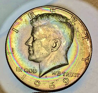 #ad 1969 Kennedy 40% Silver Half Dollar Coin Natural 🌈 Rainbow Toned $39.99
