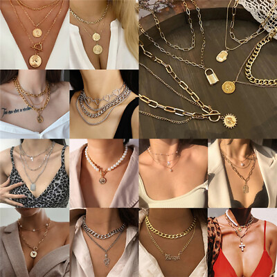 #ad Boho Women Multilayer Chain Geometric Pendant Crystal Choker Necklace Jewelry $4.53