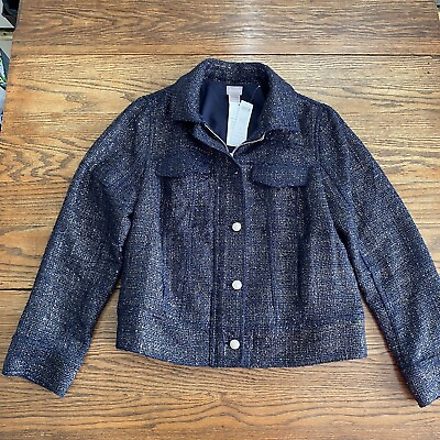#ad Chicos Classic Tweed Jacket Navy with Gold Foil Shimmer Full Zip Buttons Size 1 $24.97