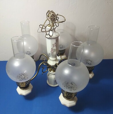 #ad Chandelier 5 Arms Antique Brass Finish Porcelain w Glass Globes 6 Light $1299.99