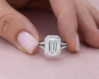 #ad 2Ct Halo Emerald Cut Lab Created Diamond Engagement Ring 14k White Gold Finish $80.00