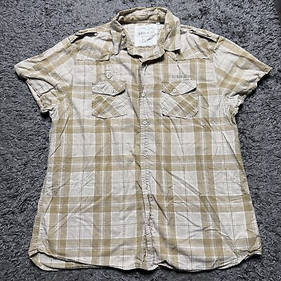 #ad Guess Polo Shirt Womens 2XL Brown Plaid Short Sleeve Pockets Logo Casual $12.99
