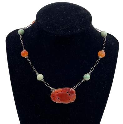 #ad Antique Chinese Export ART DECO Necklace Carved Carnelian SHOU Beads STERLING Si $350.00
