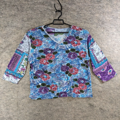 #ad Jane Ashley Top Womens 2X Blue Pink Purple Floral Knit Beaded 3 4 Sleeve Casual $8.98