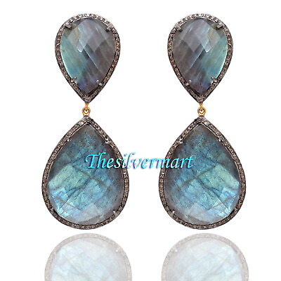 #ad 925 Sterling Silver Labradorite Diamond Dangler Earring JewelryGemstone Earring $190.00