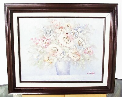 #ad VINTAGE TEXTURED FLORAL ORIGINAL OIL PAINTING CANVAS SIGNED JUDY WOOD FRAMED $179.40