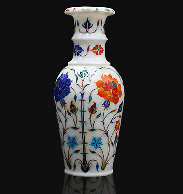 #ad 11quot; Marble Vase Flower Pot Inlay Work Pietra Dura Beautiful Lapis Lazuli h11 $612.00