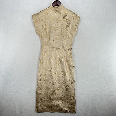 #ad Vintage Dress Womens XS Gold Floral Brocade Maxi Qipao Cheongsam 70s 60s $40.00