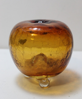 #ad Vintage Round Studio Art MCM Hand blown Footed Amber Crackle Glass bud Vase $39.45