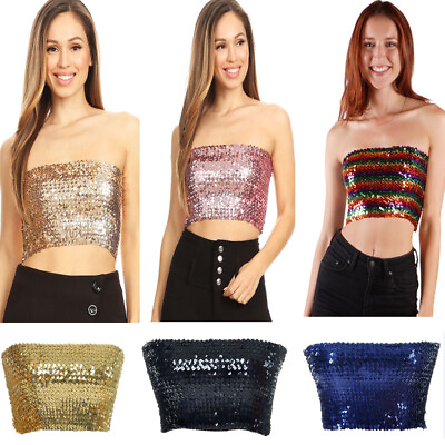 #ad Fashion Womens Shiny Sequin Party Cropped Strapless Bandeau Stretch Tube Top $17.98