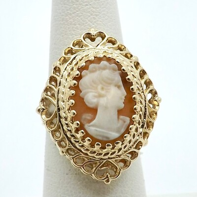 #ad 14K Gold Carved Shell Cameo Filigree Hearts Frame Ring Vintage sz6 6gr $546.25