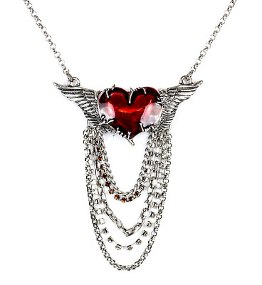 #ad Red Wing Heart Stone Chain Steampunk Necklace Lace Pendant Punk Goth Cyber Rave $12.99