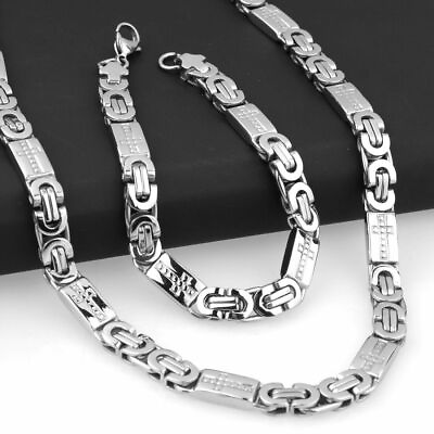 #ad Men Women Silver Stainless Steel Byzantine Chain Necklace Bracelet Jewelry Set $15.19