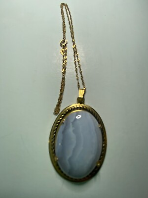 #ad Blue Lace Agate Pendant With Gold Tone Frame and Chain $35.00