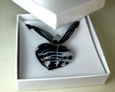 #ad hand blown glass pendant necklace heart black Murano style boxed art  1.3x1.3quot; $13.99