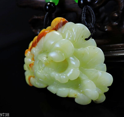 #ad 100% Natural Hand carved Jade Pendant Jadeite Necklace peony flower 973h $32.30