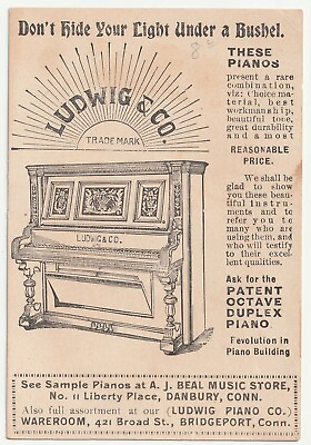 #ad 1880s Danbury Connecticut CT Ludwig Piano Music Store Victorian Trade Card $14.00