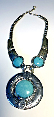 #ad Necklace 19#x27;#x27; Turquoise Faux Pendant On Silver Tone Large Link $42.00