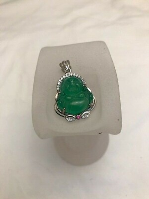 #ad Beautiful jade Buddha with a silver frame and Crystals pendant $25.99