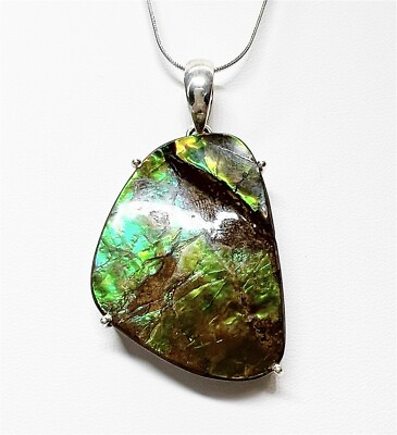 #ad CHUNKY AMMOLITE AMMORITE GREEN amp; BROWN STERLING SILVER PENDANT $150.00