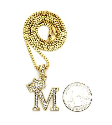 #ad Iced 14K Gold plated King Crown Letter quot;Mquot; Pendant amp; 24quot; Box Chain Necklace $14.99